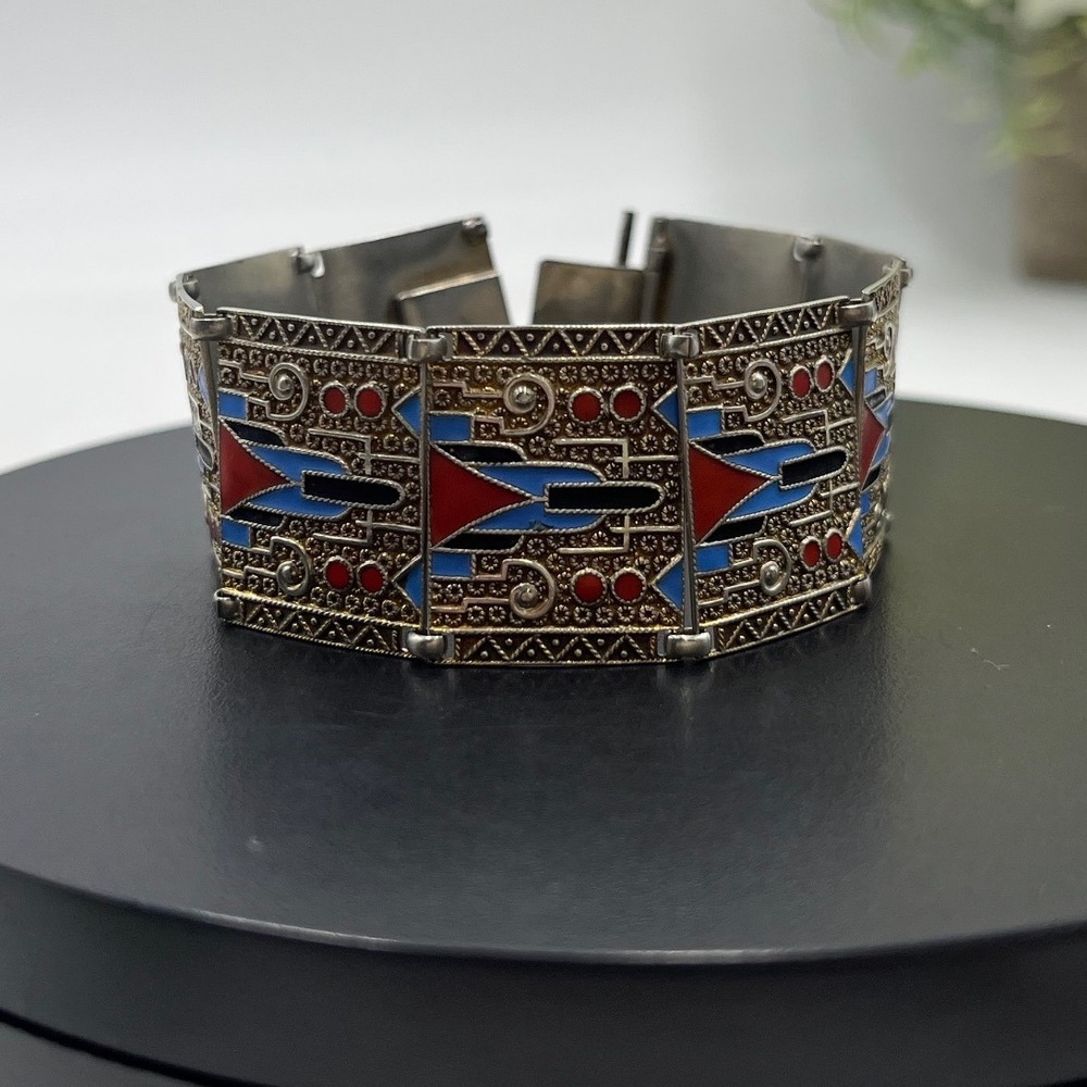Antique Deco German Enamel
Panel Bracelet Signed Speidel
Double 1930 Pforzheim